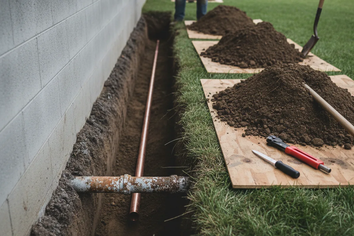Excavated water line trench during Sewer Line Repair in Glen Arm